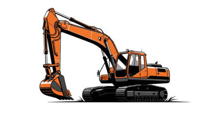 Illustration of an orange excavator with a large bucket and tracks, isolated on transparent background, ready for construction or demolition work in a heavy industry setting on transparent background