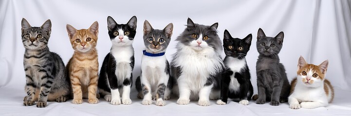 Eight Cats of Various Breeds and Colors Sitting Side by Side on White Background