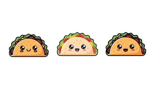 Cartoon tacos in a row on white background for food related designs