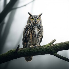 Obraz premium Great Horned Owl Perched on Mossy Branch in Forest with Soft Focus Background and Natural Light
