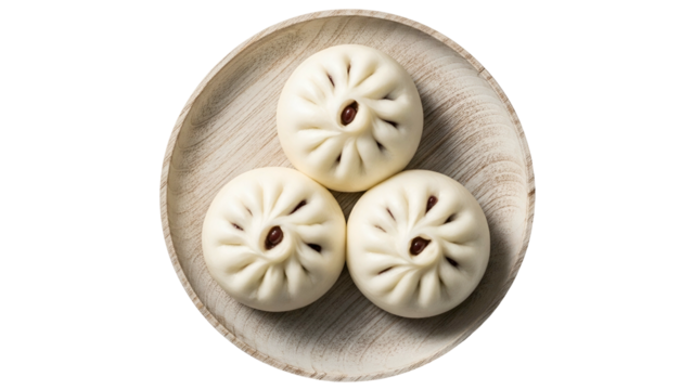 Three White Steamed Buns with Brown Filling on Wooden Plate