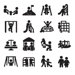 Children play on playground. Pictogram icon set