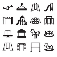 Playground icon set. Included icons as kids outdoor toy, sandbox, children parks, slide, monkey bar, dome climber, jungle gym and more.