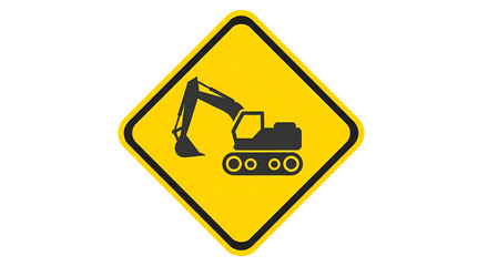 Illustration of a yellow diamondshaped warning sign featuring a black silhouette of an excavator, isolated on transparent background, indicating a construction zone or hazard on transparent background