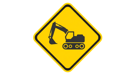Illustration of a yellow diamondshaped warning sign featuring a black silhouette of an excavator, isolated on transparent background, indicating a construction zone or hazard on transparent background