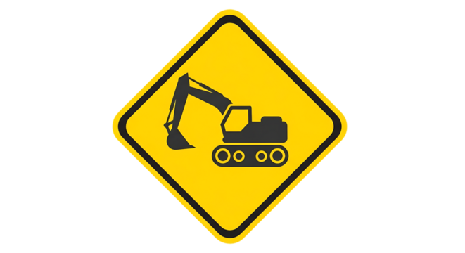 Illustration of a yellow diamondshaped warning sign featuring a black silhouette of an excavator, isolated on transparent background, indicating a construction zone or hazard on transparent background
