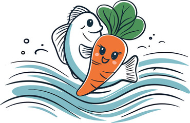 Cute cartoon fish holding a carrot in wavy blue water restaurant logo
