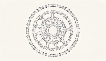 Detailed line drawing of a bicycle chain and sprocket system, symmetrical