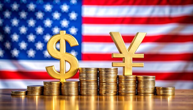Stacks of gold coins topped by dollar & yen symbols, against blurred stars and stripes of US flag backdrop