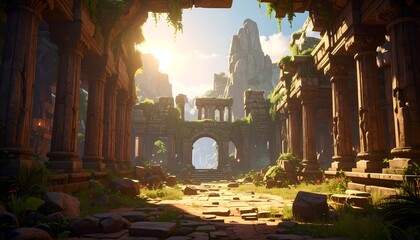 Stone ruins & pillars stretch into distance, overgrown with greenery, illuminated by the setting sun