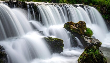 Obraz premium Rushing water cascades over dark rocks covered in moss and greenery, blurred by a long exposure