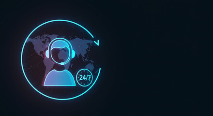 Dynamic global customer support icon with 24/7 service symbol and world map highlights modern connectivity and assistance