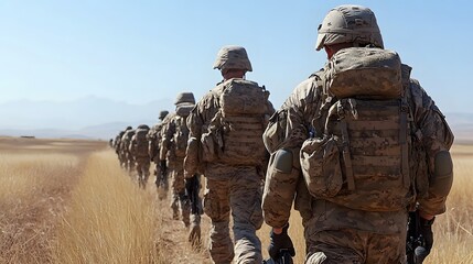 Fototapeta premium Soldiers marching in formation through a golden field under clear blue skies in a desert environment