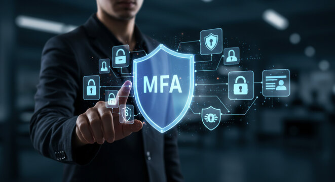 Professional businessman interacts with glowing digital interface displaying MFA security shield and lock icons for enhanced data protection