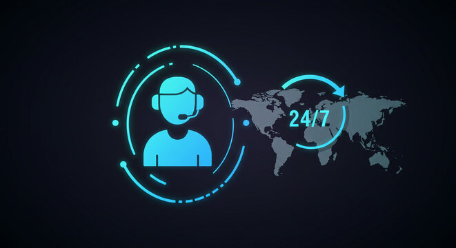 Global support icon with 24/7 service overlay on world map, symbolizing constant customer assistance and connectivity.