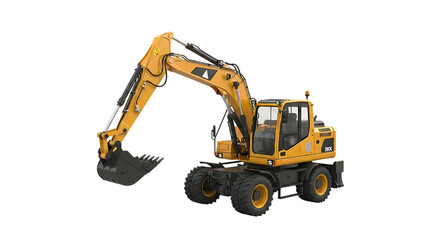 Illustration of yellow wheeled excavator with a bucket and arm extended, isolated on transparent background on transparent background