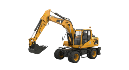 Illustration of yellow wheeled excavator with a bucket and arm extended, isolated on transparent background on transparent background