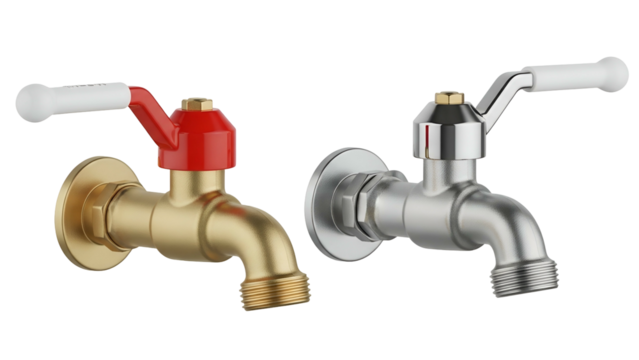 Brass and Silver Water Faucets with White Handles on Transparent Background