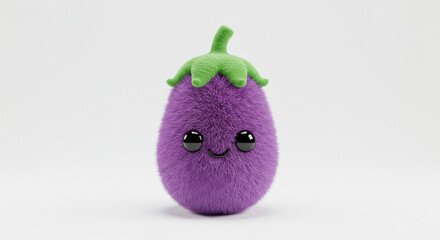 Adorable fluffy purple eggplant character with big eyes and a cheerful smile, perfect for children's content and fun branding projects