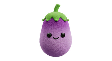Adorable fuzzy purple eggplant character smiling with big black eyes and green leaves, perfect for playful designs and children's content
