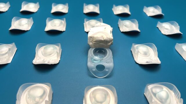 Side view of disposable containers with contact lenses lying in a row and an open container with a lens on it on a blue background, a smooth zoom. Concept of Ophthalmology, Vision Correction, Myopia