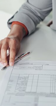 Real estate, contract or hands in office with sign, title deed or info documents for mortgage loan. Closeup, legal or person at desk with agreement, property investment or paperwork of realtor deal.