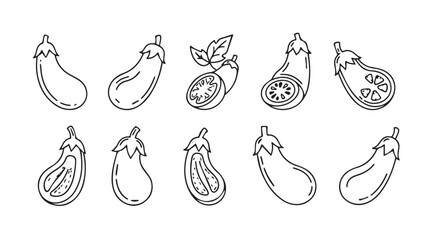Artistic sketch collection of various eggplants and slices for culinary design and healthy eating concepts vector