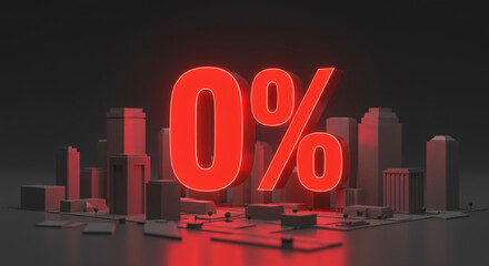 Dramatic red 0% glowing symbol dominates minimalist city skyline, representing zero percent, loss, or a fresh start in business finance