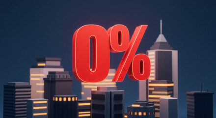 Striking red 0% interest rate announcement hovering over a stylized modern cityscape at dusk, perfect for financial promotions.