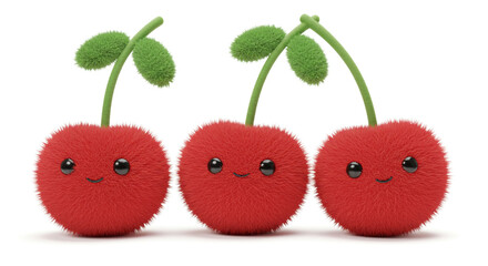 Three adorable fuzzy red cherries with happy faces and green leaves on white background, perfect for children's designs and food branding