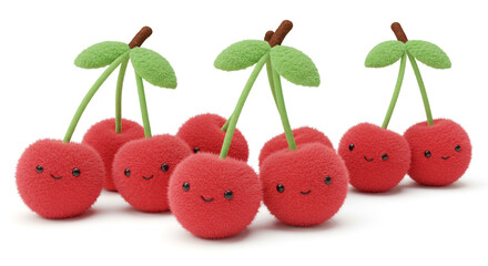 Adorable fuzzy cherries with cute smiling faces bring joy and sweetness, perfect for playful designs and children's content.