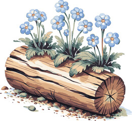 Helda name art featuring delicate blue flowers growing in a wooden log planter