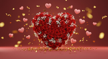 Stunning heart-shaped rose bouquet with floating pink hearts and golden confetti creating a romantic, celebratory atmosphere perfect for Valentine's Day or anniversaries