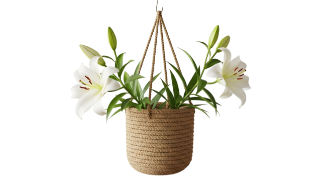 White Lily Flowers in Hanging Rope Basket on Transparent Background