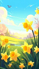Fototapeta premium Vibrant illustration of a sunny spring scene with daffodils, butterfly, rolling hills and clear sky