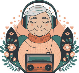 Joyful grandmother enjoys music with headphones and vintage radio art