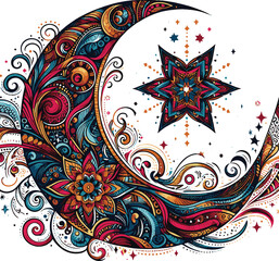 Ornate crescent moon and star with intricate floral patterns and vibrant colors