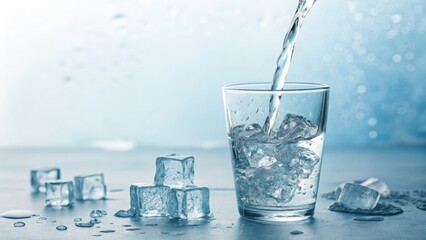 Water being poured into a glass filled with ice cubes
