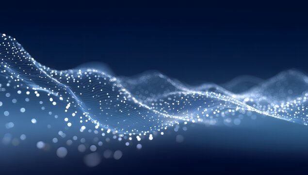 Abstract flowing wave of luminous particles creating a dynamic digital data stream effect isolated on transparent background