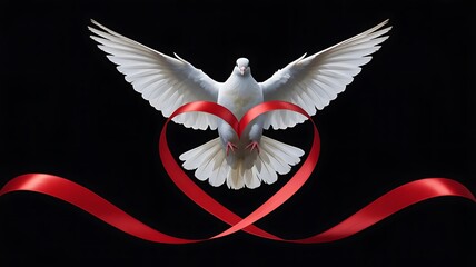 White Dove in Flight Holding Heart-Shaped Red Ribbon on Black Background