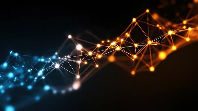 Digital plexus network glowing with orange and blue, expanding across dark background. Intricate lines connecting complex technological communication points