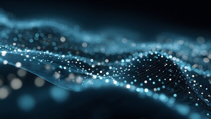 Abstract glowing blue digital particles forming a dynamic wave pattern on a dark background isolated on transparent background
