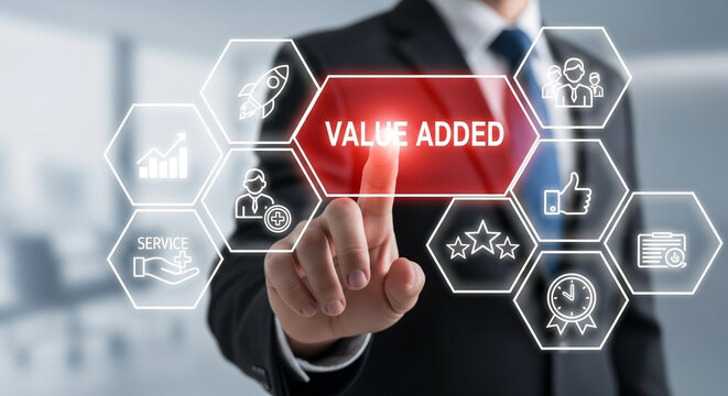 Professional touching screen displaying 'Value Added' surrounded by icons for growth, service, teamwork, quality, and efficiency