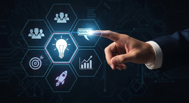 Business professional interacts with digital interface, activating goals and strategy icons for success and innovation.