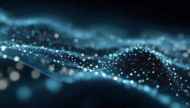 Abstract glowing blue digital particles forming a dynamic wave pattern on a dark background isolated on transparent background