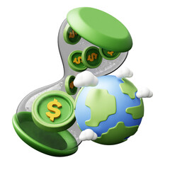 Global Investment hourglass with dollar coins flowing around a stylized planet earth and clouds in a transparent background