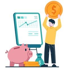 Man Holding Gold Coin Above Head Near Piggy Bank and Financial Chart Showing Growth and Investment Success in a Clean Professional Setting