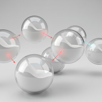 3D conceptual illustration of microcapsules or nanocapsules releasing an active agent (indicated by arrows). Concept for triggered drug delivery or smart material self-healing.