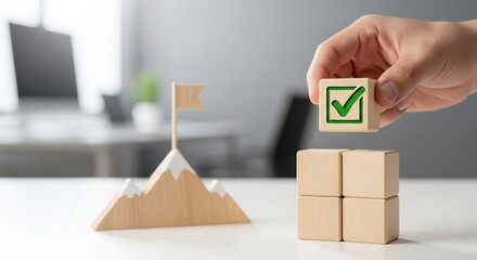 Achieve your business goals step by step with success checkmarks and a mountain summit flag representing triumph and accomplishment