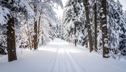 Fototapeta premium Winter wonderland scene with snow-covered trees, path, and sunlight